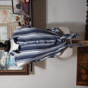 Womens Tie front Sleeveless Blouse shirt Medium RAIN Blue Striped Vest b46